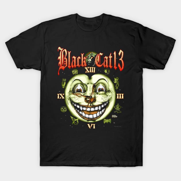 Black Cat 13 Halloween Clock T-Shirt by monstermangraphic